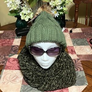Olive green hat, scarf, sunglasses